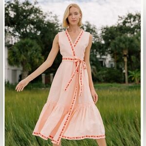 Fanm Mon Light Pink Midi Dress with Red Floral Trim